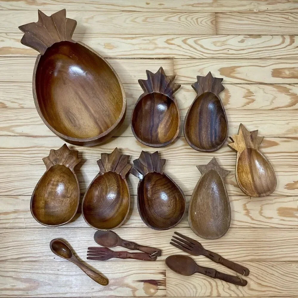 Vintage‎ Monkey Pod Pineapple Shape Wooden Bowls Hawaii Set Of 13 Alii Mid 1970s